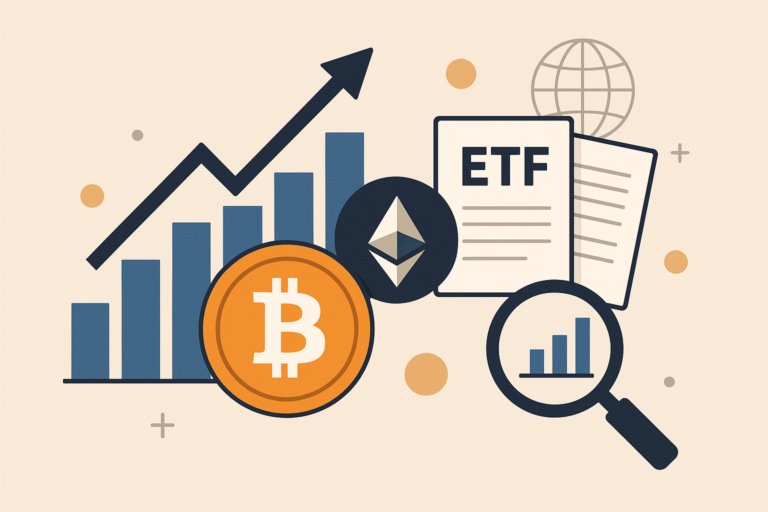 Krypto-ETFs 2025 -ETFs mit Bitcoin- und Ethereum-Symbolen, steigenden Balkendiagrammen, ETF-Dokumenten und Lupe – symbolisiert Wachstum und Analyse 2025